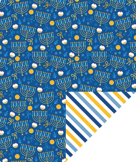 Hanukkah Candles Wrapping Paper Roll with Light Blue & Deep Blue and Yellow Stripe on Reverse Wholesale Wrapholic