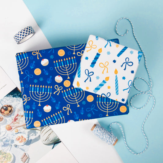 Hanukkah Candles Wrapping Paper Roll with Light Blue & Deep Blue and Yellow Stripe on Reverse Wholesale Wrapholic