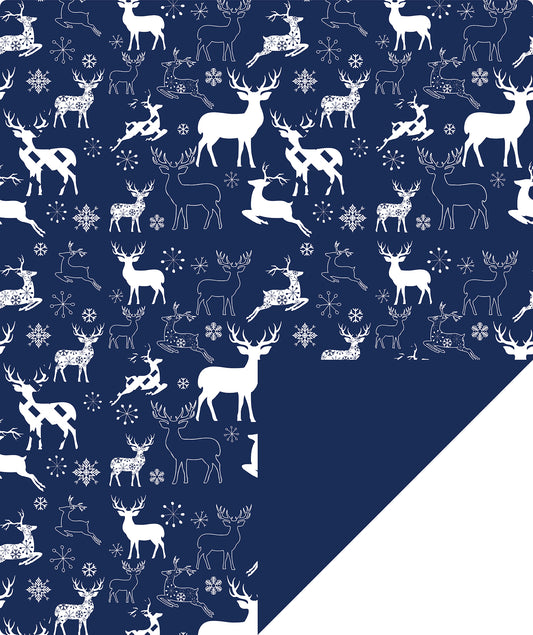 Navy Deer Wrapping Paper Roll with Solid Navy Blue on Reverse. Wholesale Wrapholic