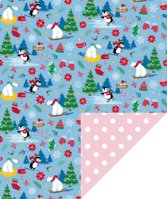 Northern Christmas Wrapping Paper Roll with White Polka Dots Printed on Pink Background on Reverse Wholesale Wrapholic