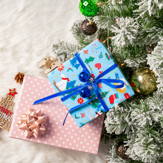 Northern Christmas Wrapping Paper Roll with White Polka Dots Printed on Pink Background on Reverse Wholesale Wrapholic