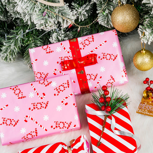 Pink Joy Candy Wrapping Paper Roll with Red & White Diagonal Stripes on Reverse Wholesale Wrapholic