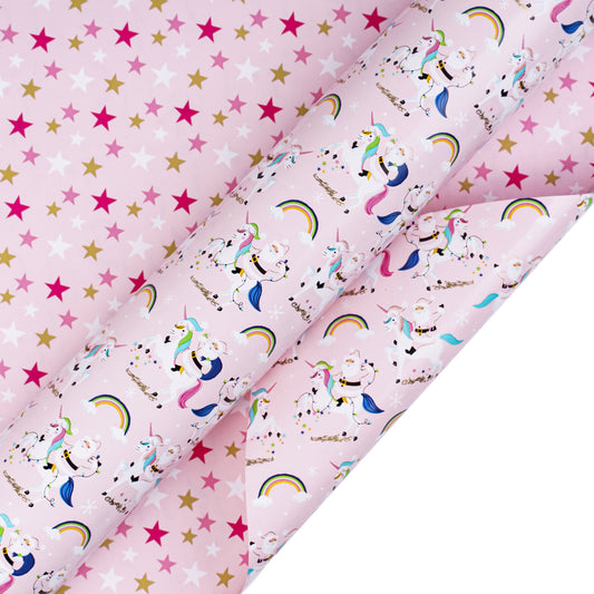 Pink Santa Wrapping Paper Roll with Gold & Pink Starry on Reverse Wholesale Wrapholic