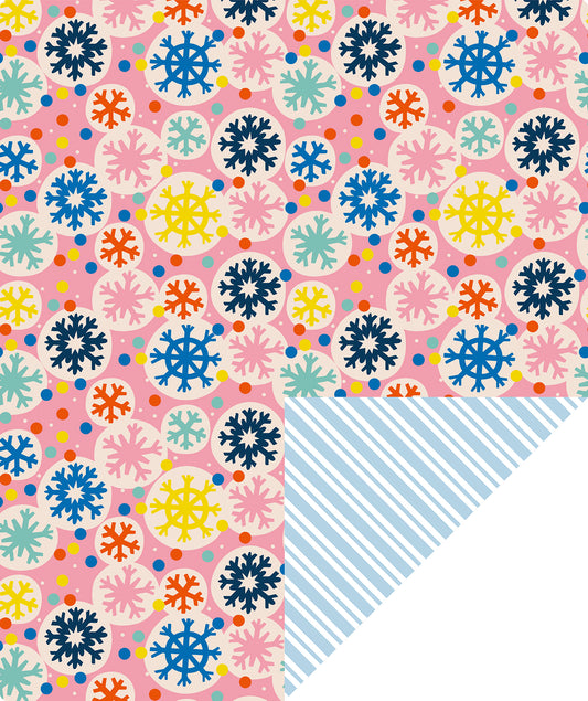 Pink Snowflake Wrapping Paper Roll with Blue and White Diagonal Stripes on The Back Wholesale Wrapholic
