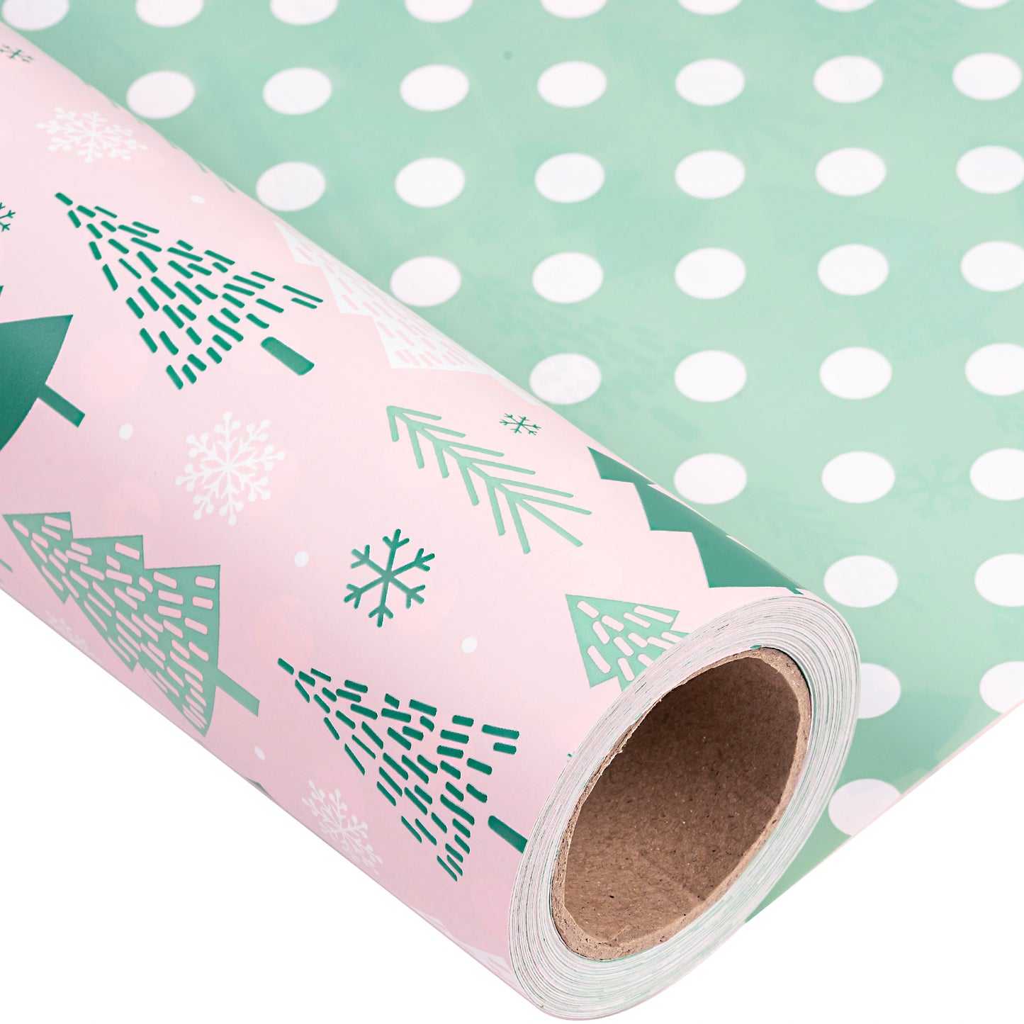 Pink Tree Wrapping Paper Roll with White Polka Dots on Reverse Wholesale Wrapholic