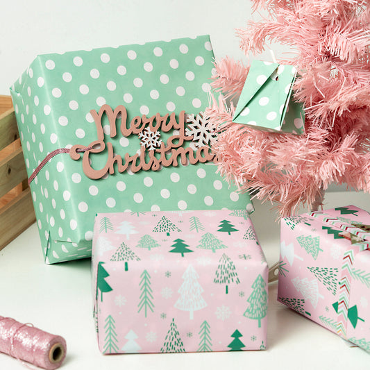Pink Tree Wrapping Paper Roll with White Polka Dots on Reverse Wholesale Wrapholic