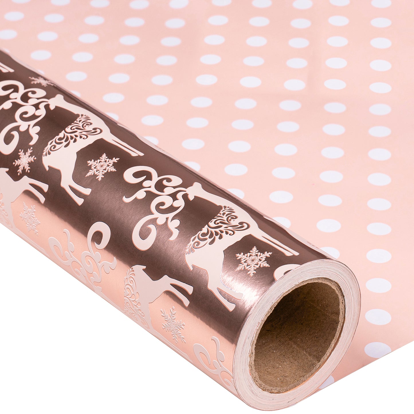 Rose Gold Deer Wrapping Paper Roll with White Polka Dots on Reverse Wholesale Wrapholic