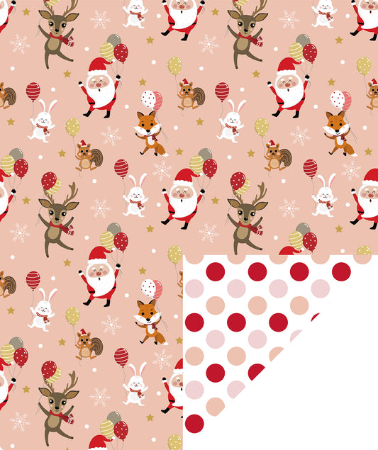 Santa & Animals Wrapping Paper Roll with Champagne Pink & Red Polka Dots on Reverse Wholesale Wrapholic
