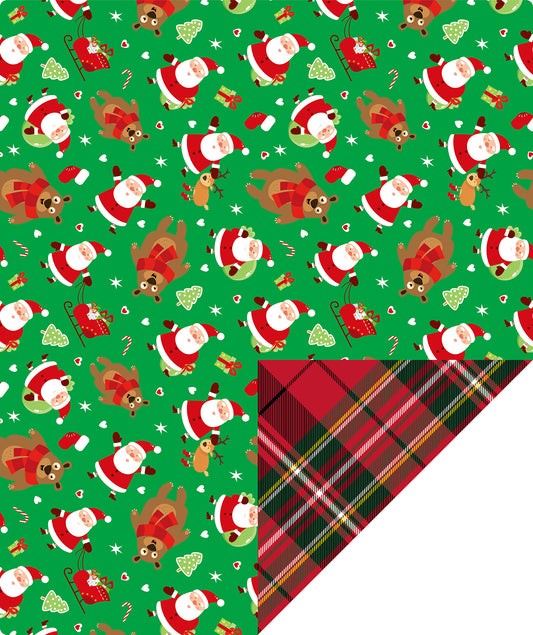 Santa & Bear Wrapping Paper Roll with Red and Black Buffalo Grid on Reverse Wholesale Wrapholic