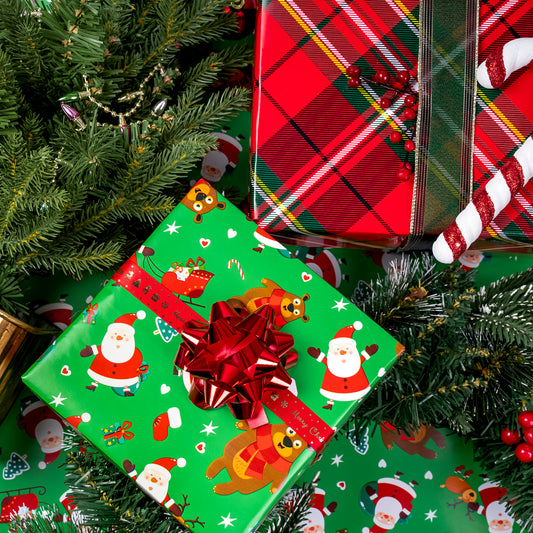 Santa & Bear Wrapping Paper Roll with Red and Black Buffalo Grid on Reverse Wholesale Wrapholic
