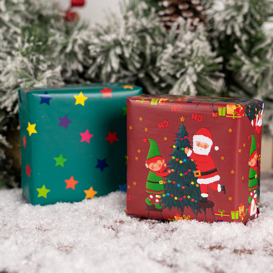 Santa & Elf Wrapping Paper Roll with Gray Christmas Tree on Reverse Wholesale Wrapholic