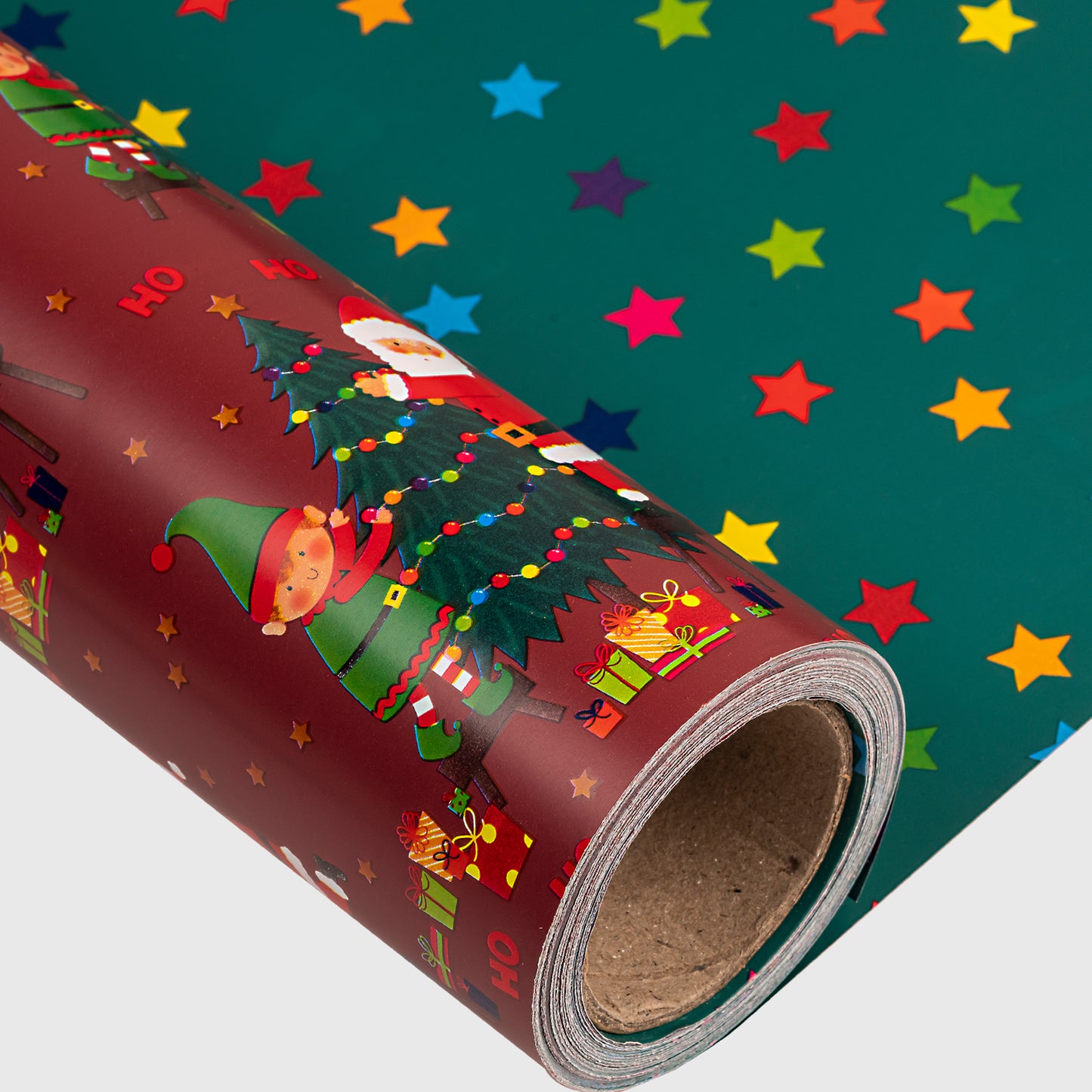 Santa & Elf Wrapping Paper Roll with Gray Christmas Tree on Reverse Wholesale Wrapholic