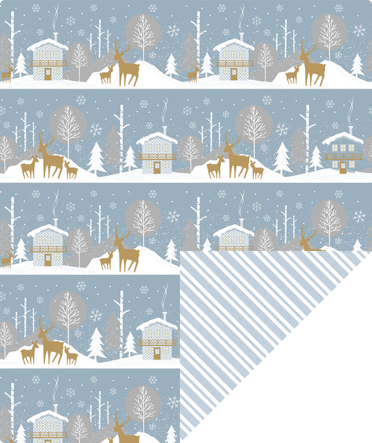 Snow Landscape Wrapping Paper Roll with Blue and White Diagonal Stripes on Reverse Wholesale Wrapholic
