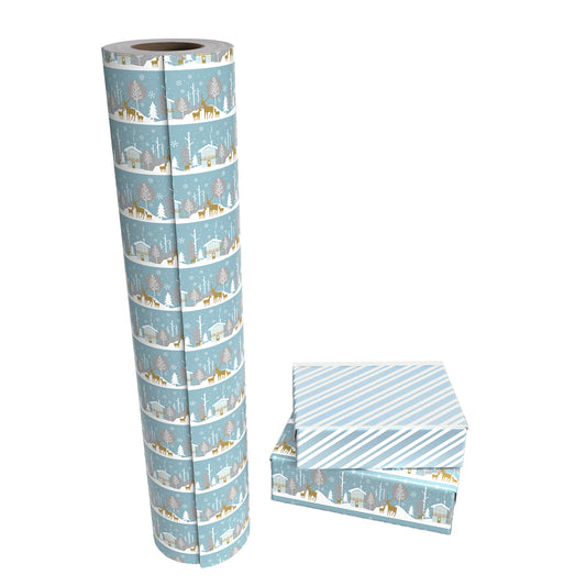 Snow Landscape Wrapping Paper Roll with Blue and White Diagonal Stripes on Reverse Wholesale Wrapholic