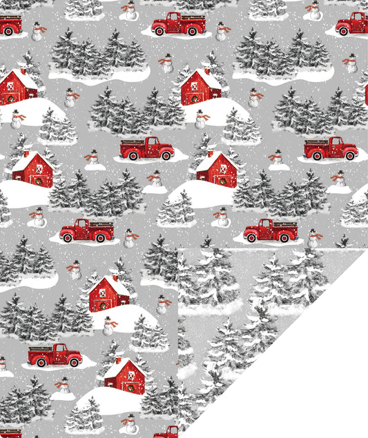 Snowscape Wrapping Paper Roll with Gray Christmas Tree on Reverse Wholesale Wrapholic