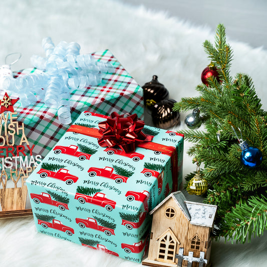 Tree Farm Car Wrapping Paper Roll with Red and Green Buffalo Grid on Reverse Wholesale Wrapholic