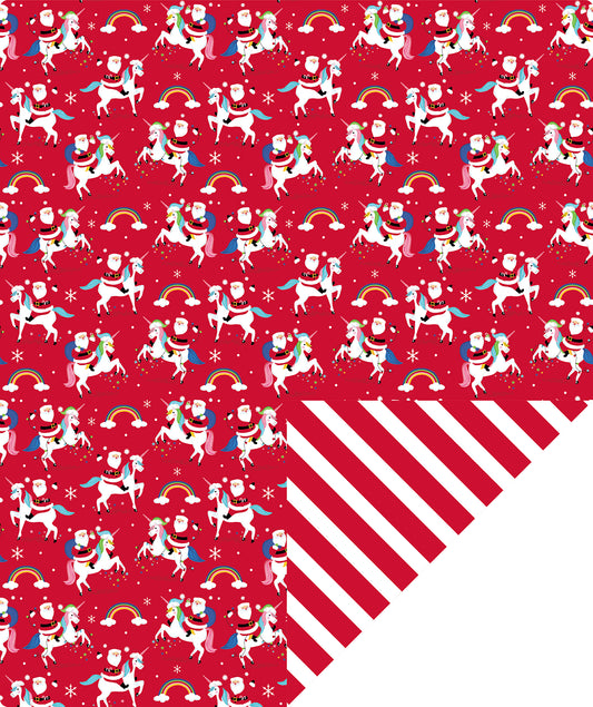 Unicorn Santa Wrapping Paper Roll with Red and White Stripes on Reverse Wholesale Wrapholic