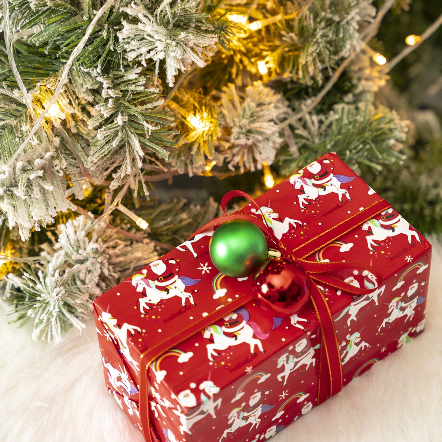 Unicorn Santa Wrapping Paper Roll with Red and White Stripes on Reverse Wholesale Wrapholic