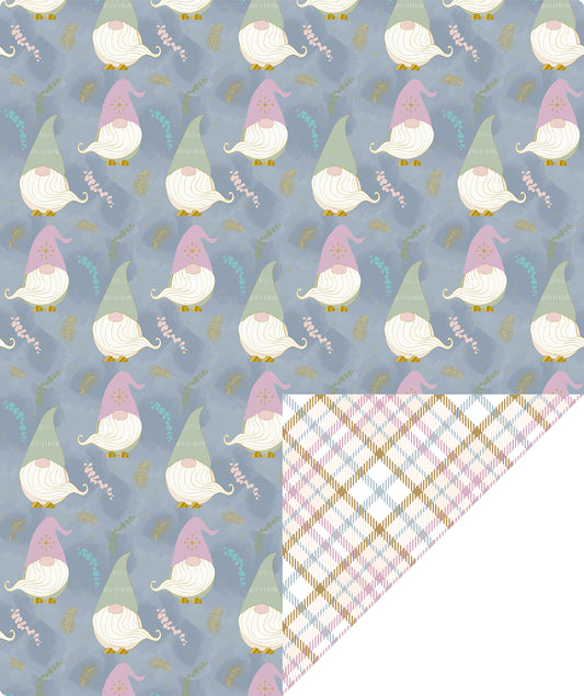 Winter Gnome Foil Wrapping Paper Roll with Diamond Grid of Pink & Gold on Reverse Wholesale Wrapholic