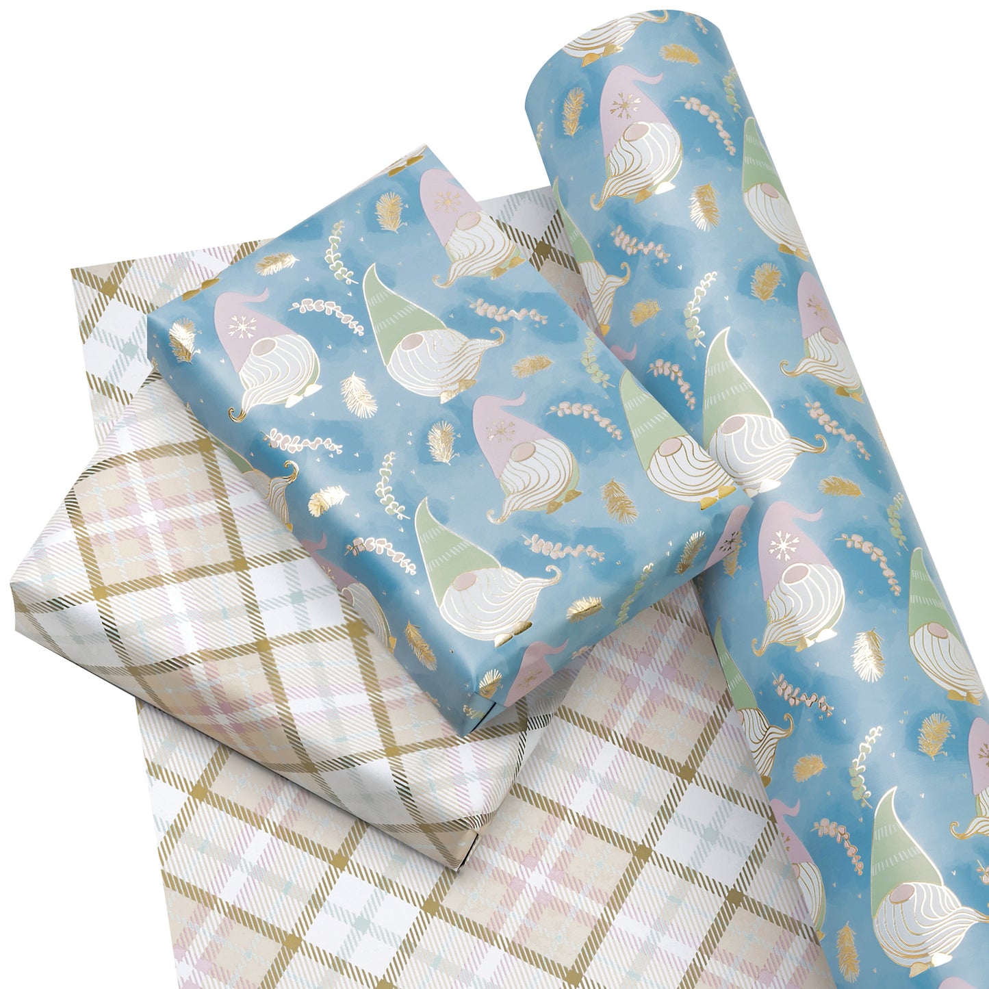 Winter Gnome Foil Wrapping Paper Roll with Diamond Grid of Pink & Gold on Reverse Wholesale Wrapholic