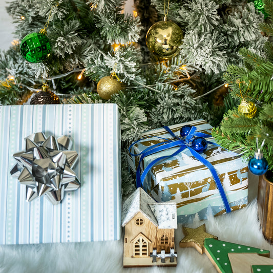 Winter Landscape Gold Wrapping Paper Roll with White Polka Dot and Stripe on Reverse Wholesale Wrapholic