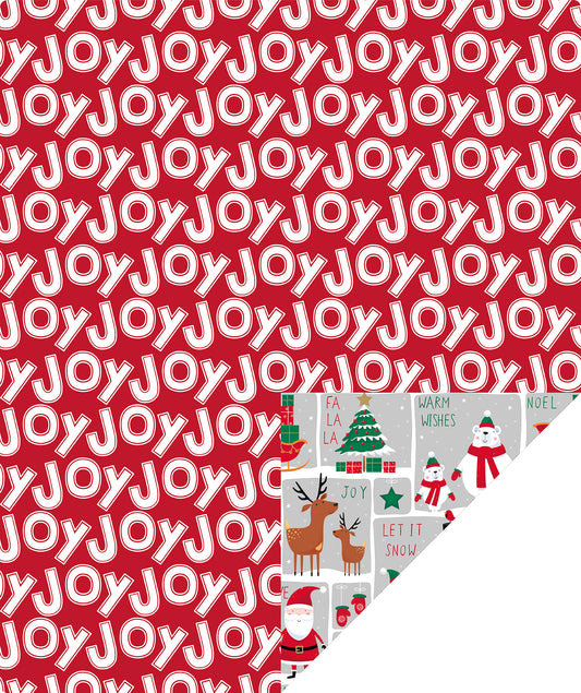 Winter Snowman Wrapping Paper Roll with White Joy Text on Red Background on Reverse Wholesale Wrapholic