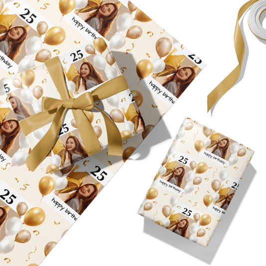 [Customized]Yellow and white balloon photo birthday wrapping paper