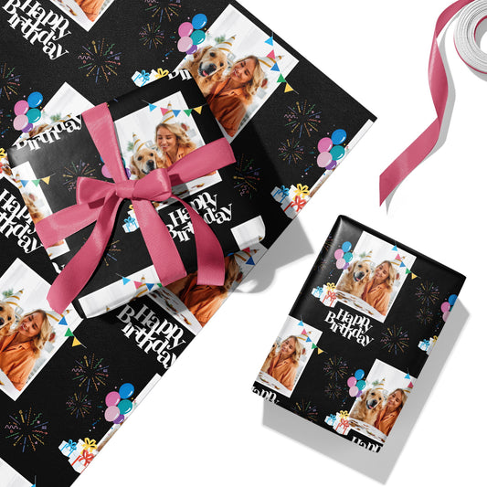 [Customized] Black Fireworks Happy Birthday Photo Wrapping Paper