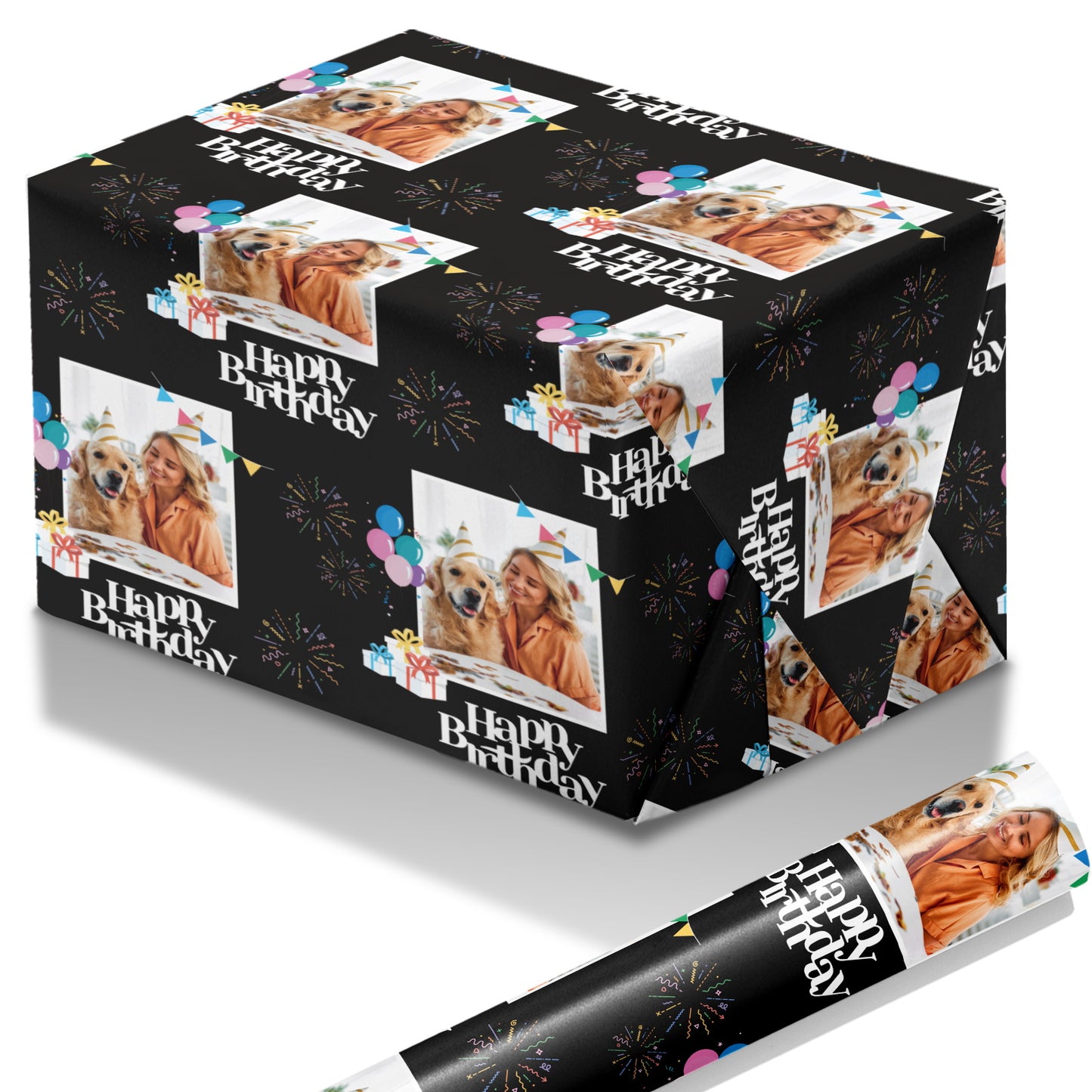 [Customized] Black Fireworks Happy Birthday Photo Wrapping Paper