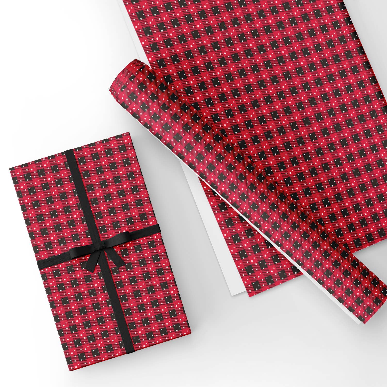 Red and Black Buffalo Grid Snowflake Flat Wrapping Paper Sheet Wholesale Wraphaholic