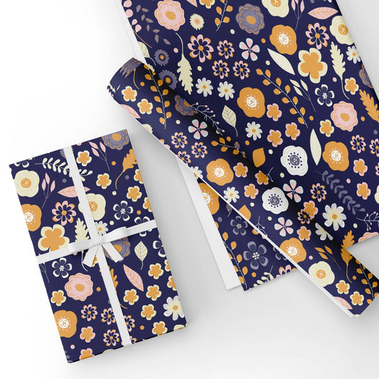 Floral in Navy Flat Wrapping Paper Sheet Wholesale Wraphaholic