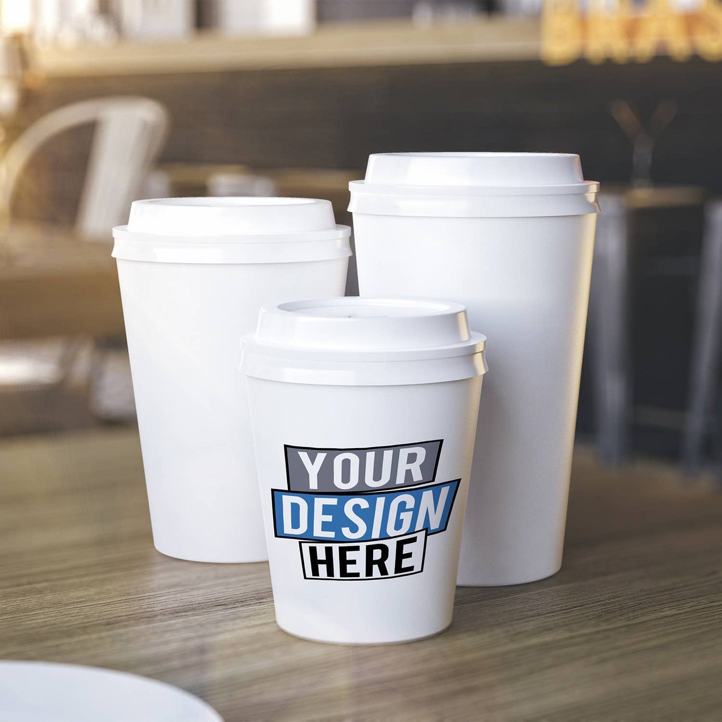 Disposable coffee cups for serving hot coffee, tea, hot chocolate, and other hot beverages. Polyethylene lining for resistance to leaking and moisture penetration.