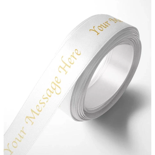 Add an extra special touch with our gorgeous personalized satin ribbon. Our ribbon is quality satin ribbon permanently and professionally printed with your own details as shown.
