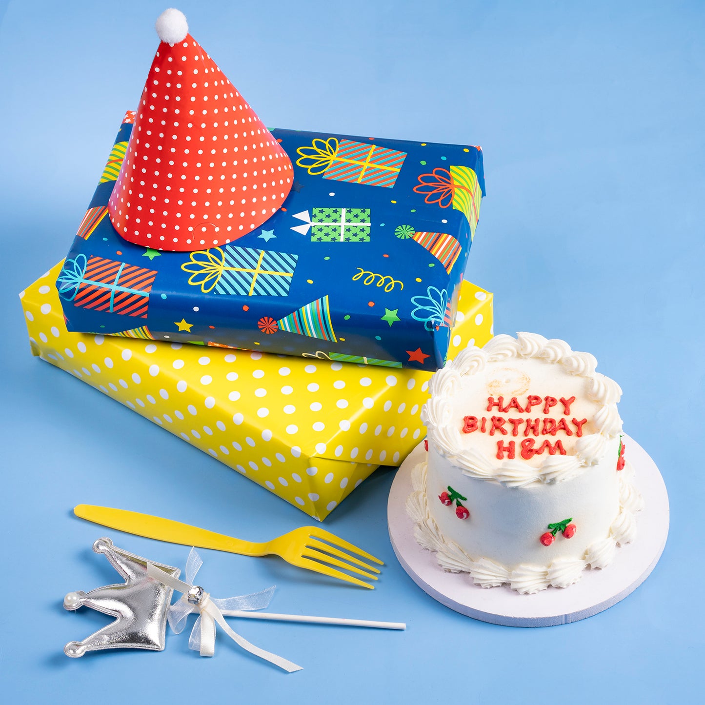 Birthday Gift Blue Wrapping Paper with Yellow Polka Dot Packing Paper Supply Wrapaholic