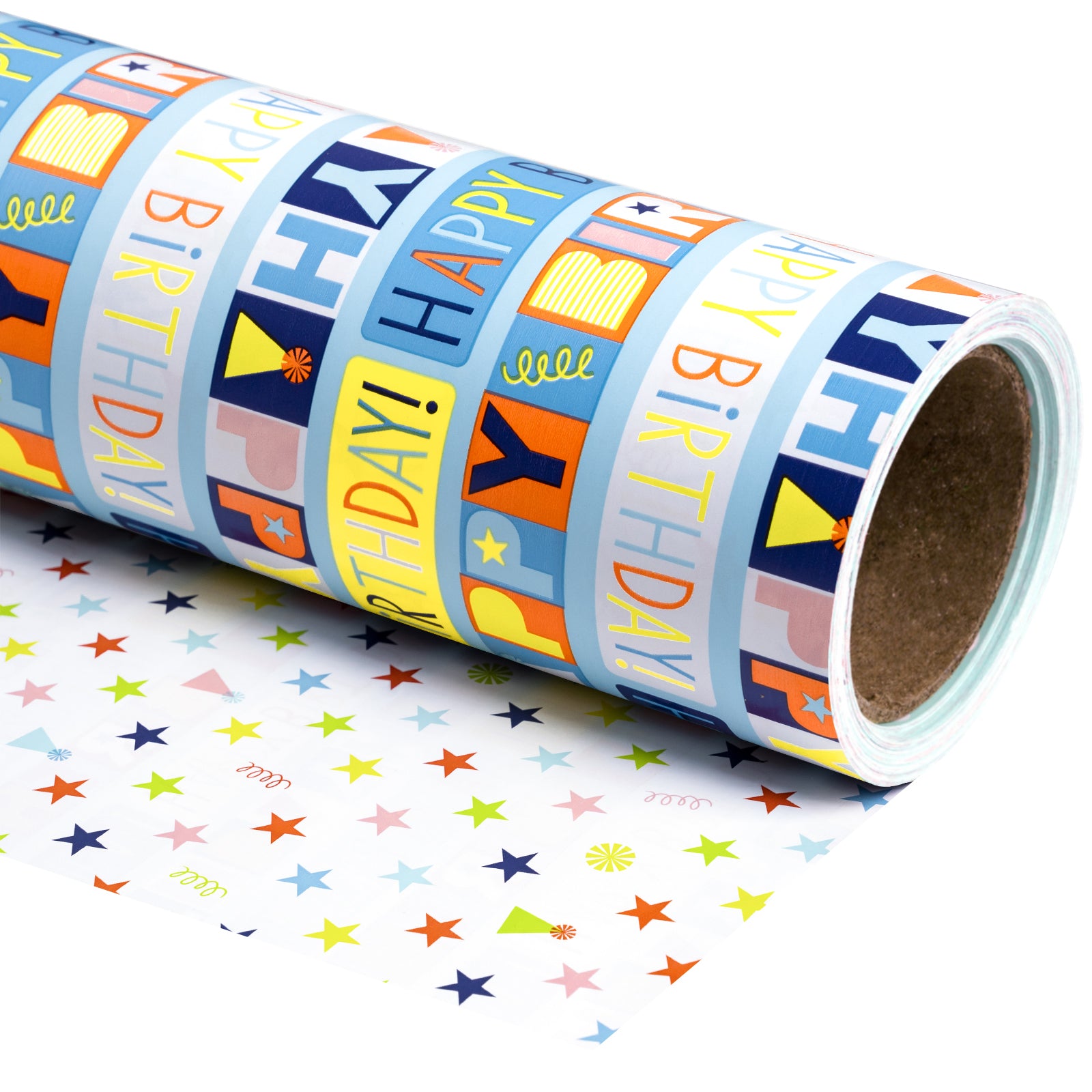Birthday Lettering Wrapping Paper with Colorful Stars Jumbo Roll Wholesale Wrapaholic