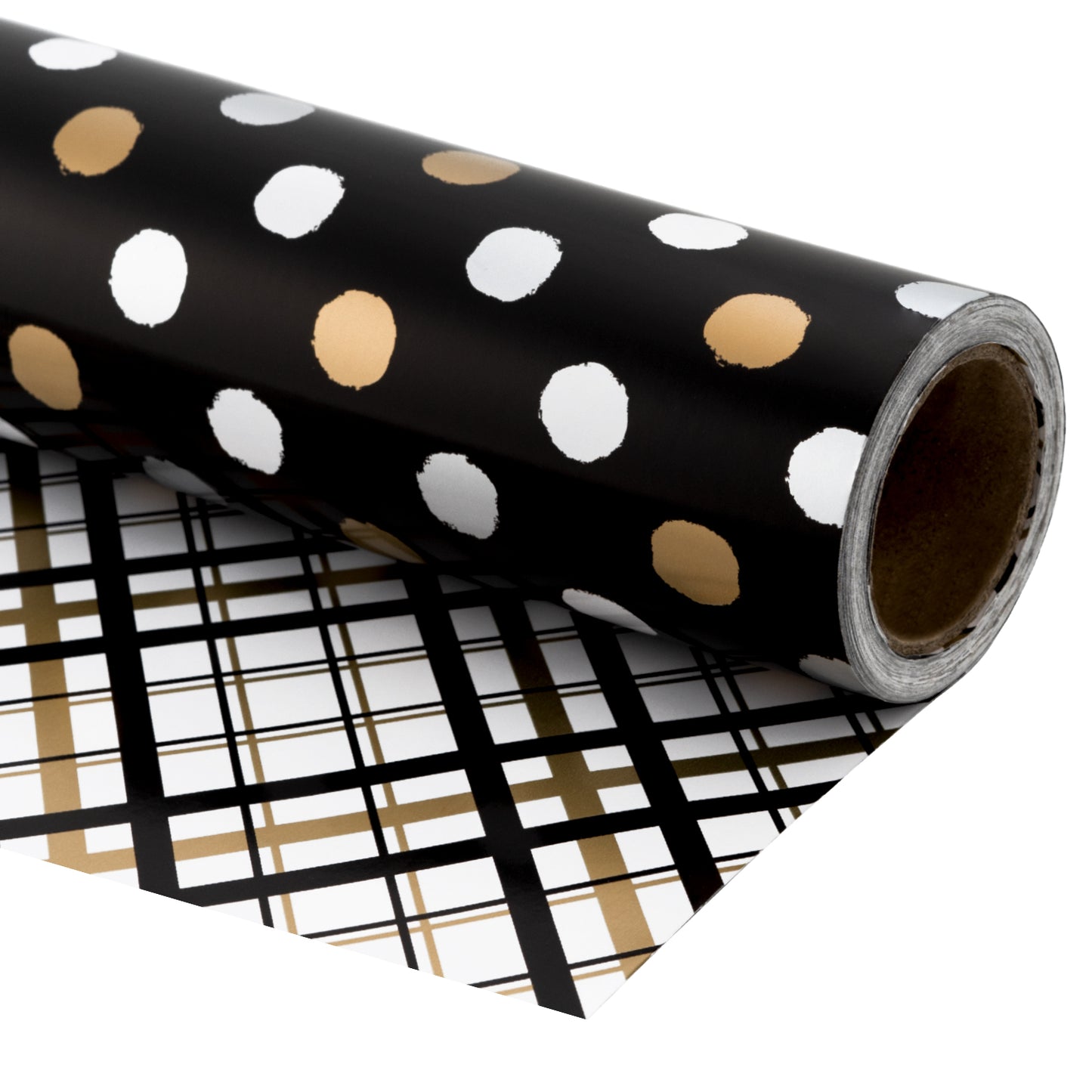 Black & Gold Polka Dot Wrapping Paper with Plaid Jumbo Roll Wholesale Wrapaholic