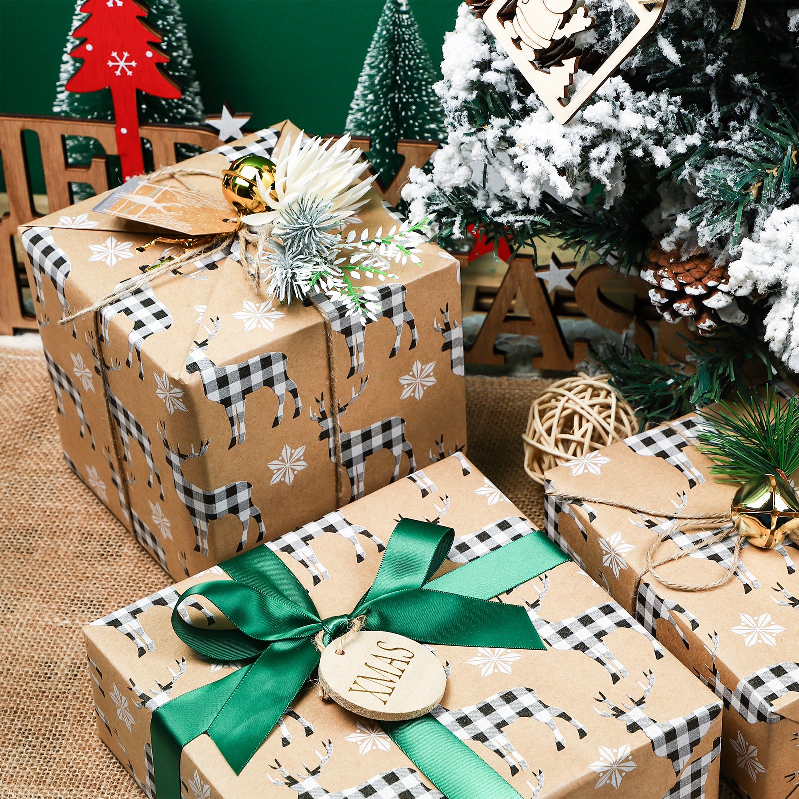 Buffalo Grid Reindeer Christmas Kraft Wrapping Paper Roll RUSPEPA Wholesale Ream