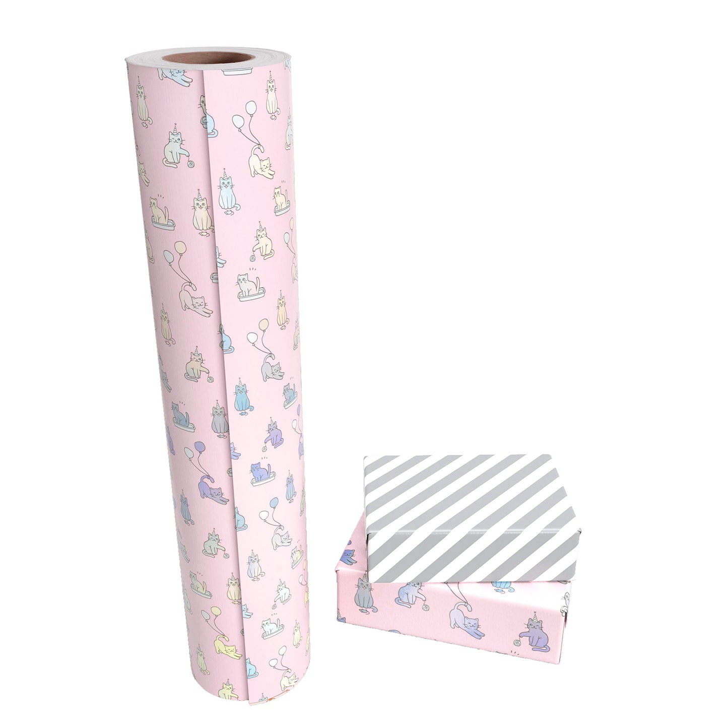 Cat Birthday Pink Wrapping Paper wtih Gray Stripe Packing Paper Supply Wrapaholic