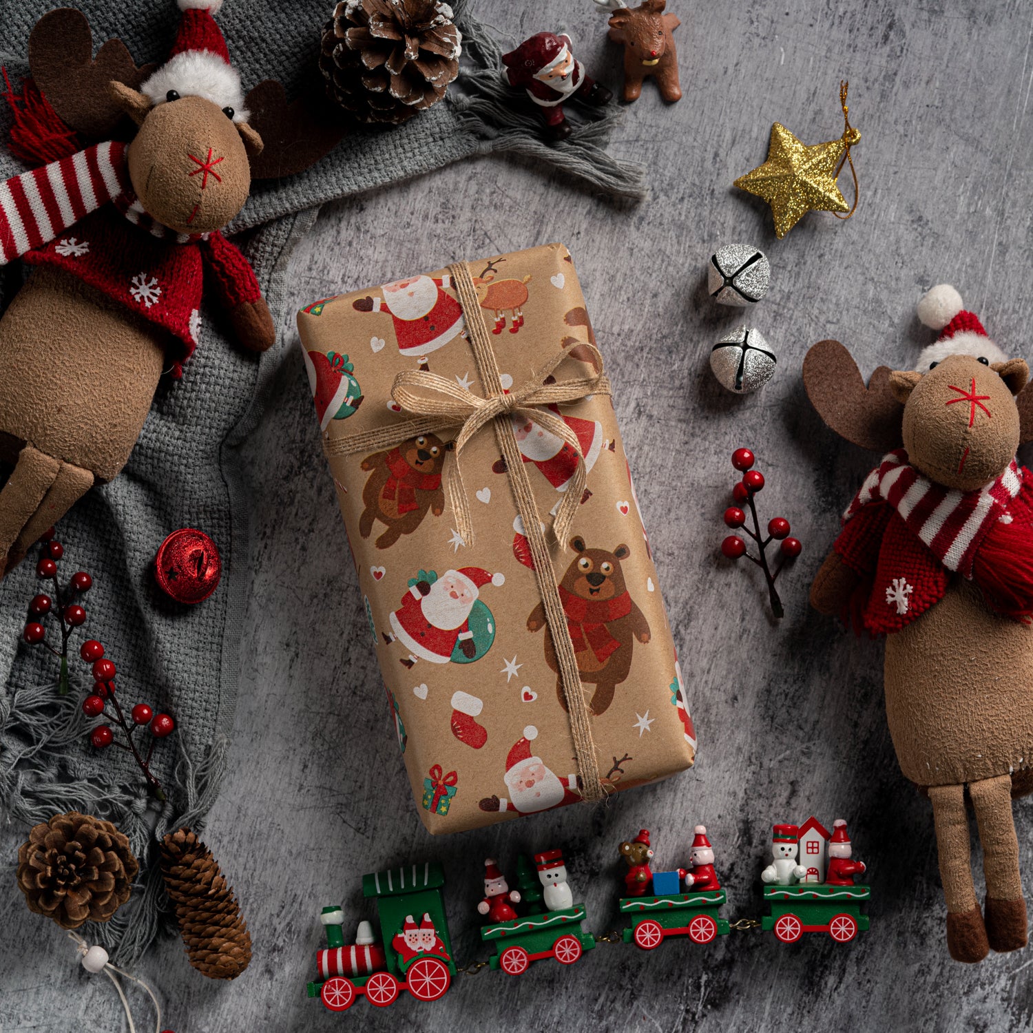 Cute Dancing Santa & Bear Christmas Kraft Wrapping Paper Roll RUSPEPA Wholesale Ream