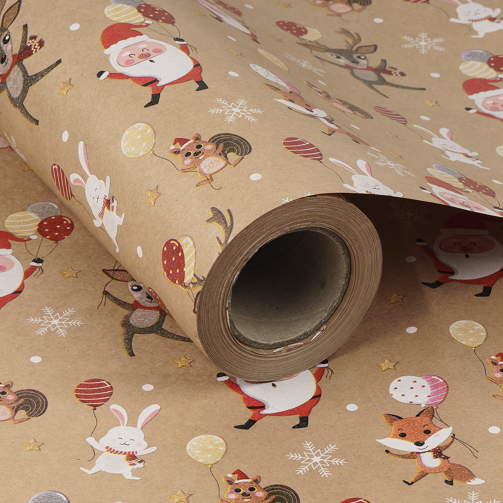 Dancing Santa & Animals Christmas Kraft Wrapping Paper Roll RUSPEPA Wholesale Ream