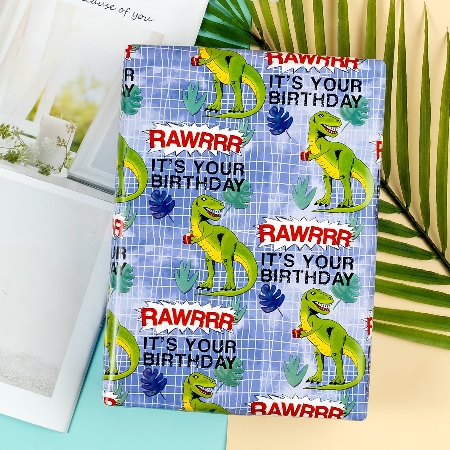 Dinosaur Birthday Wrapping Paper with Red Color Packing Paper Supply Wrapaholic