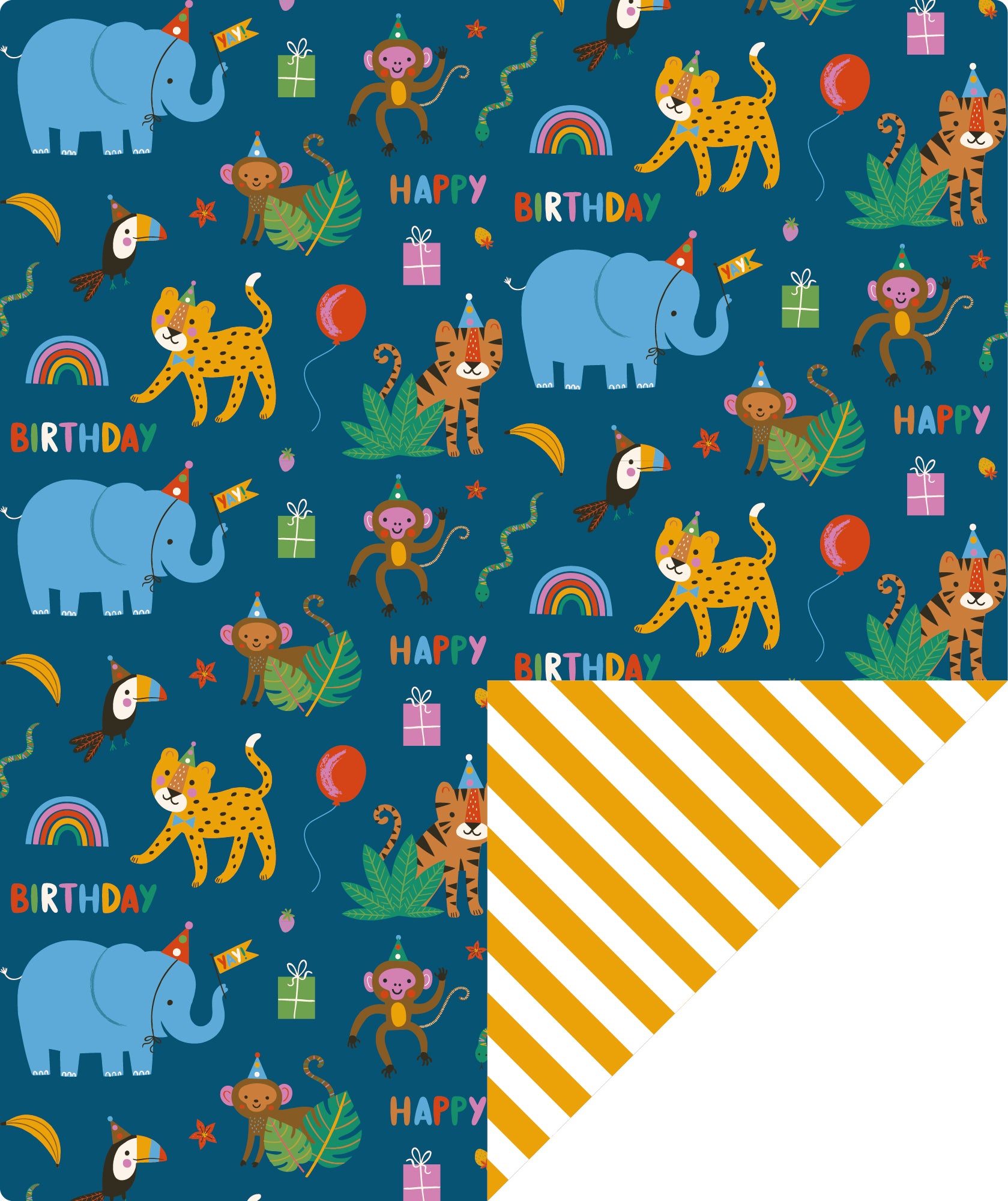 Elephant Lion Monkey Kids' Birthday Wrapping Paper wtih Yellow Stripe Jumbo Roll Wholesale