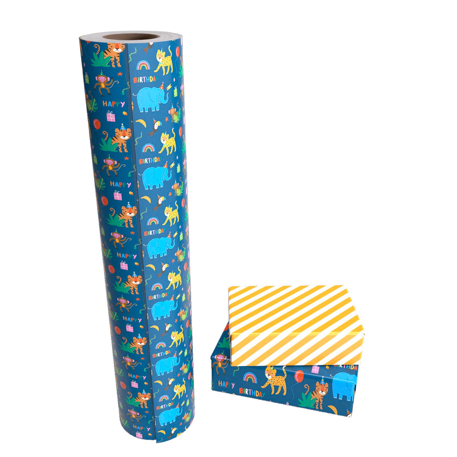 Elephant Lion Monkey Kids' Birthday Wrapping Paper wtih Yellow Stripe Jumbo Roll Wholesale Wrapaholic