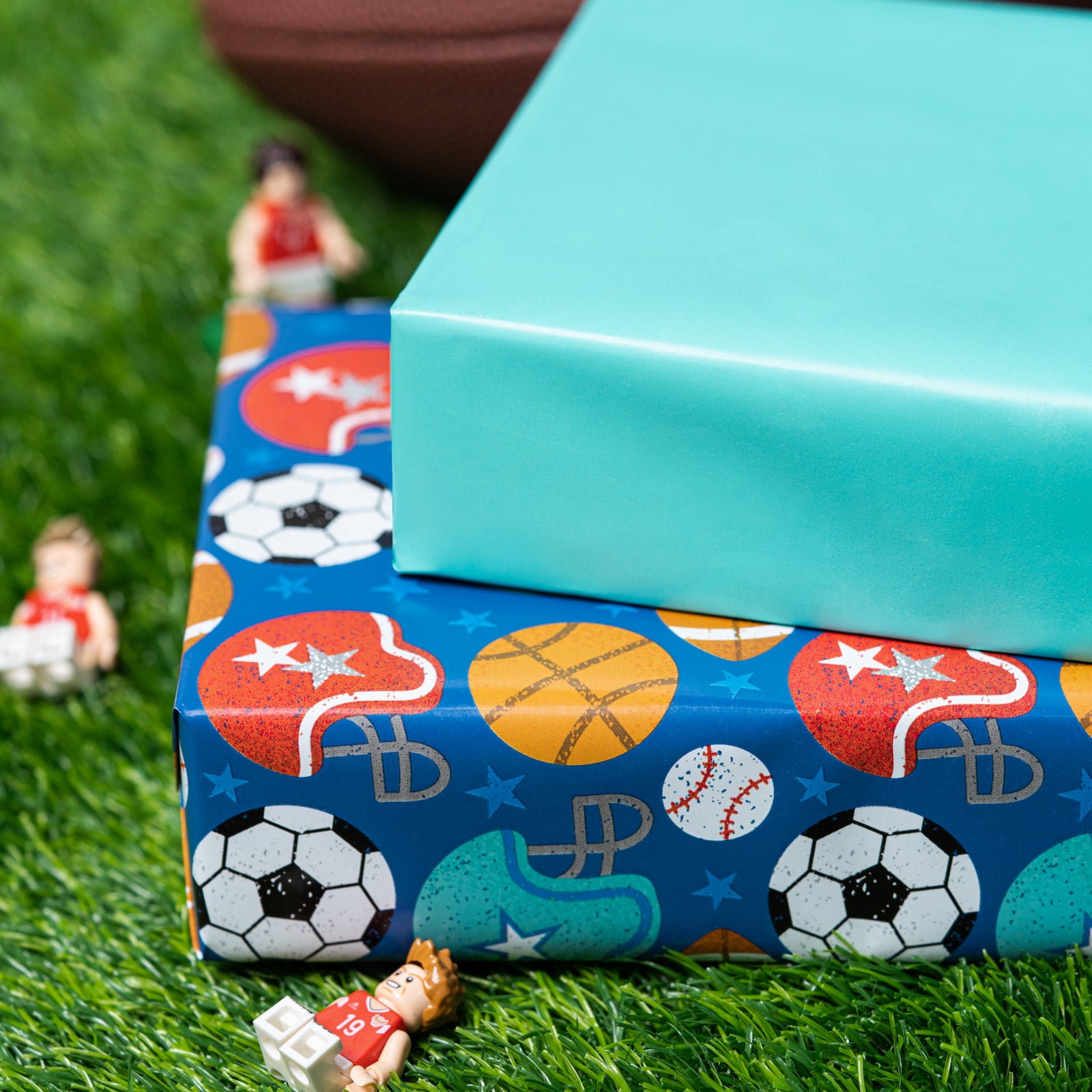 Football Sports Boy's Birthday Wrapping Paper with Teal Color Packing Paper Supply Wrapaholic