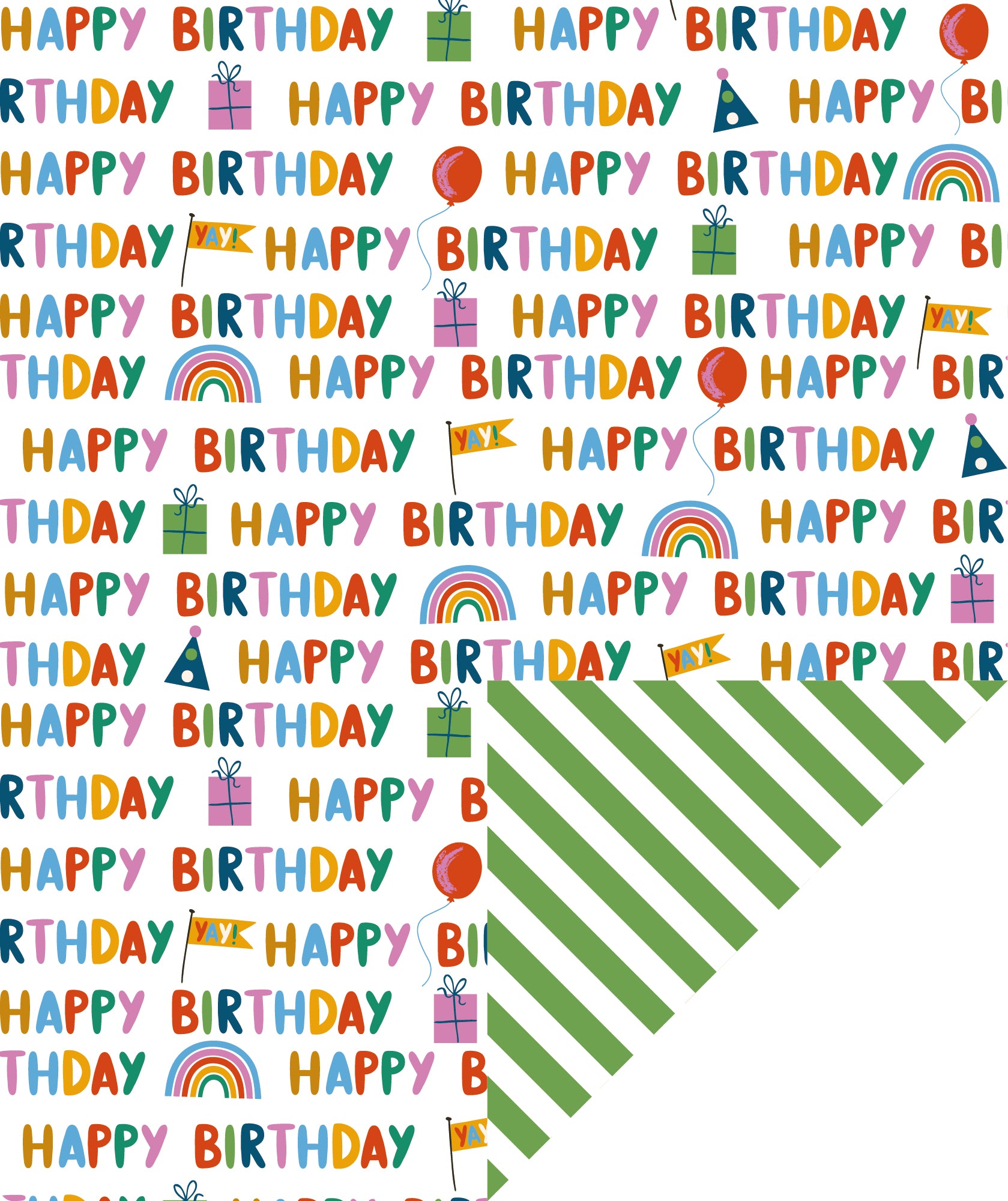 Hand Writing Happy Birthday Wrapping Paper with Green Stripe Jumbo Roll Wholesale Wrapaholic