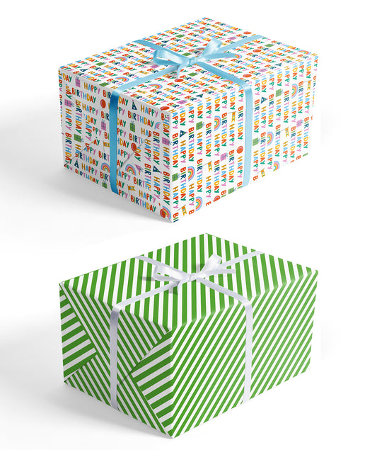 Hand Writing Happy Birthday Wrapping Paper with Green Stripe Jumbo Roll Wholesale Wrapaholic