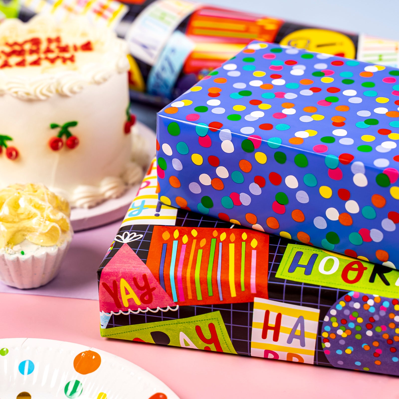 Hooray Birthday Party Wrapping Paper with Colorful Polka Dot Packing Paper Supply Wrapaholic