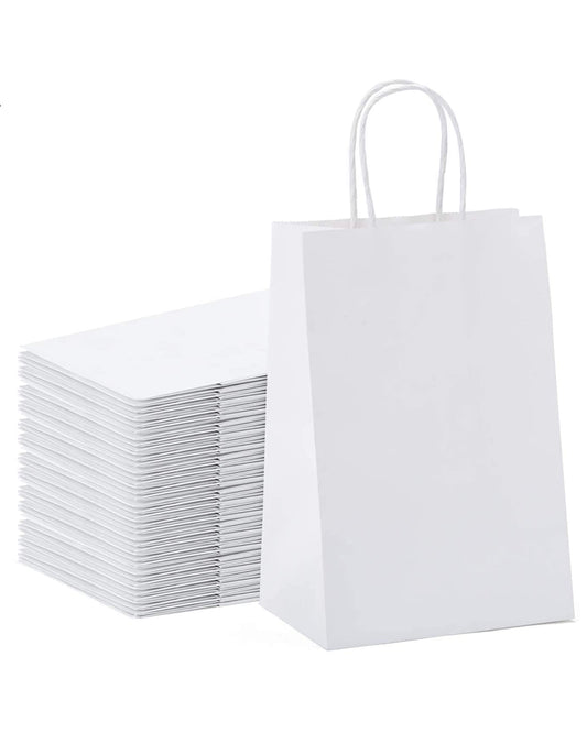 Kraft Paper Gift Bags with Handle 5.8" x 3" x 8"- White Bulk Pack RUSPEPA