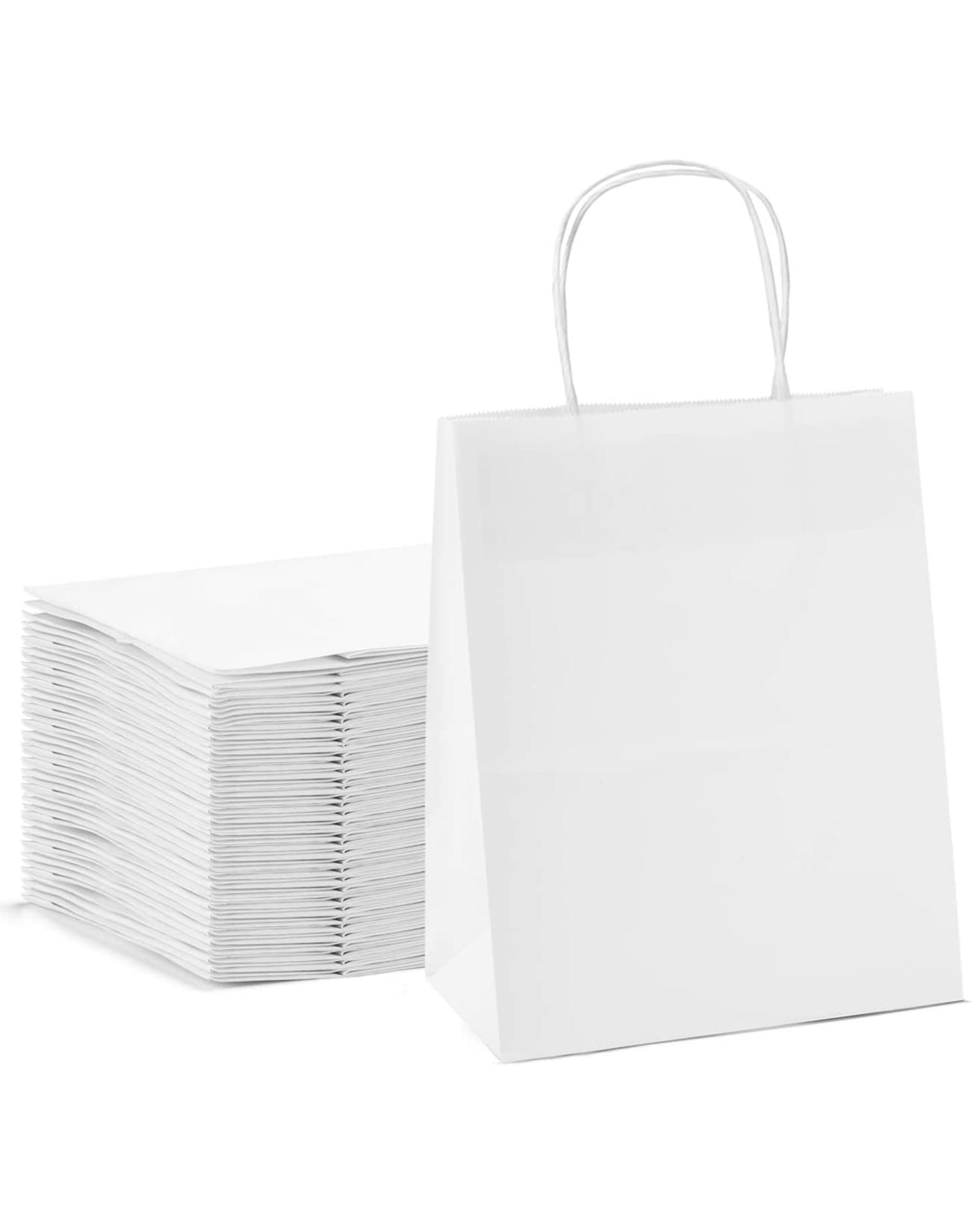 Kraft Paper Gift Bags with Handle 8" x 4" x 10"- White Bulk Pack RUSPEPA
