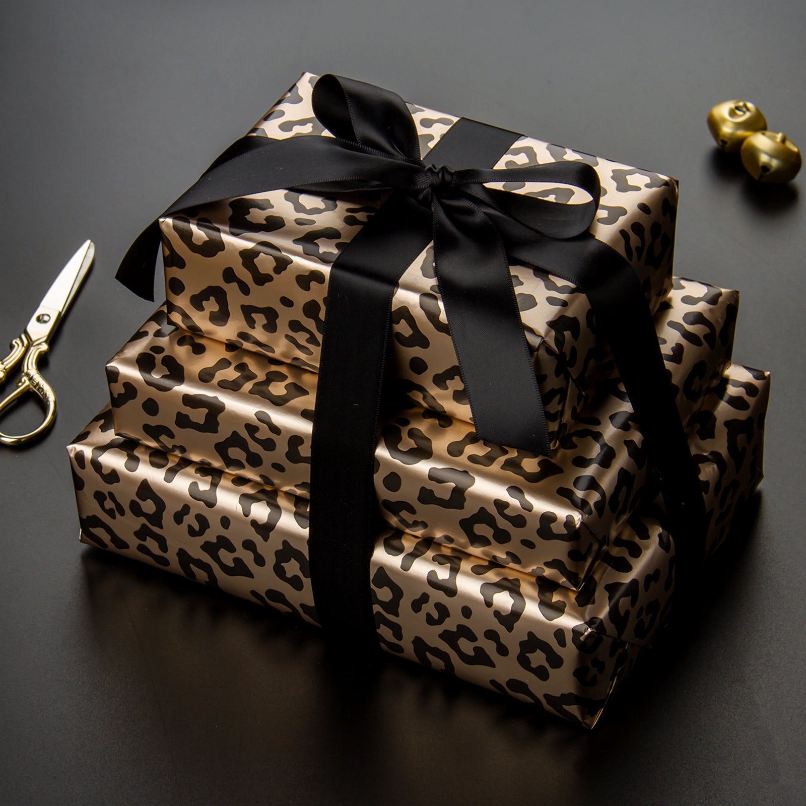 Leopard Wrapping Paper Gold Foil with Black Stripe Jumbo Roll Wholesale